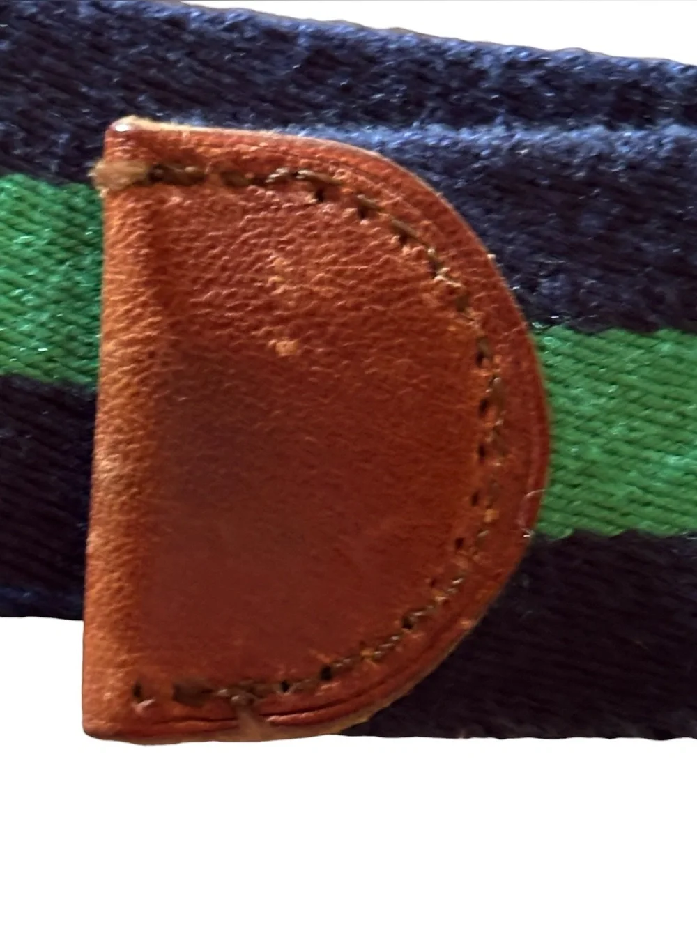Polo by Ralph Lauren Navy and Green Striped Canvas Belt Brown Leather Preppy